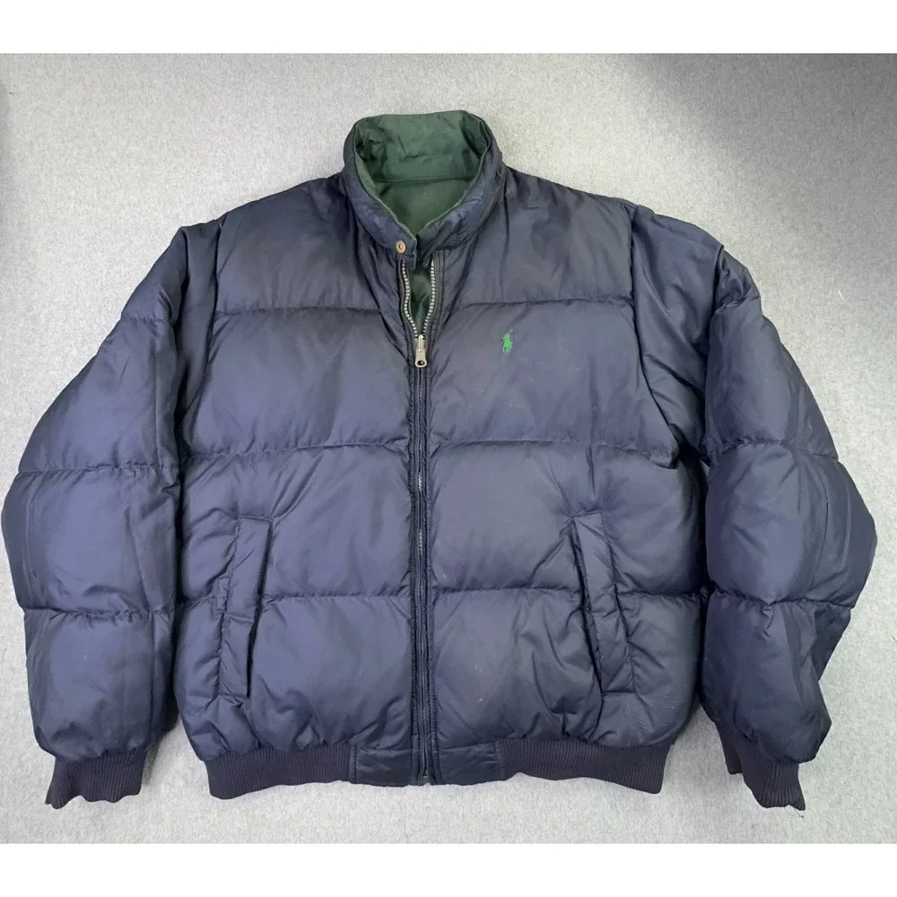 VTG 90s Polo Ralph Lauren Reversible Down Puffer Coat Men's M Green Navy Pony‎